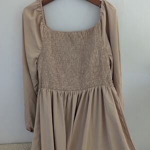Beige Long Sleeve Smocked Dress